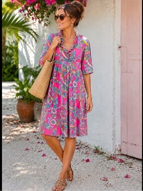 Lilly Pulitzer Pink Printed Ruffle Neck Dress XS | Tropical Resort Casual Preppy